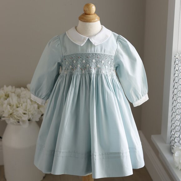 Long Sleeve Smocked Cotton Dress Seafoam Green Boutique Fits 12/18 Months NWT